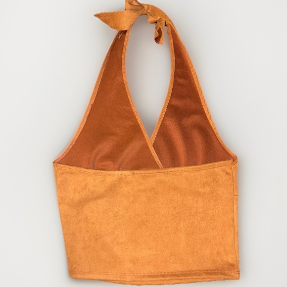 Brand new caramel brown faux suede halter top in size Large - Picture 3 of 5